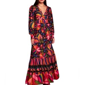 NWT Farm Rio Black Banana Sky Floral Maxi Dress Belted Long Sleeve Womens M
